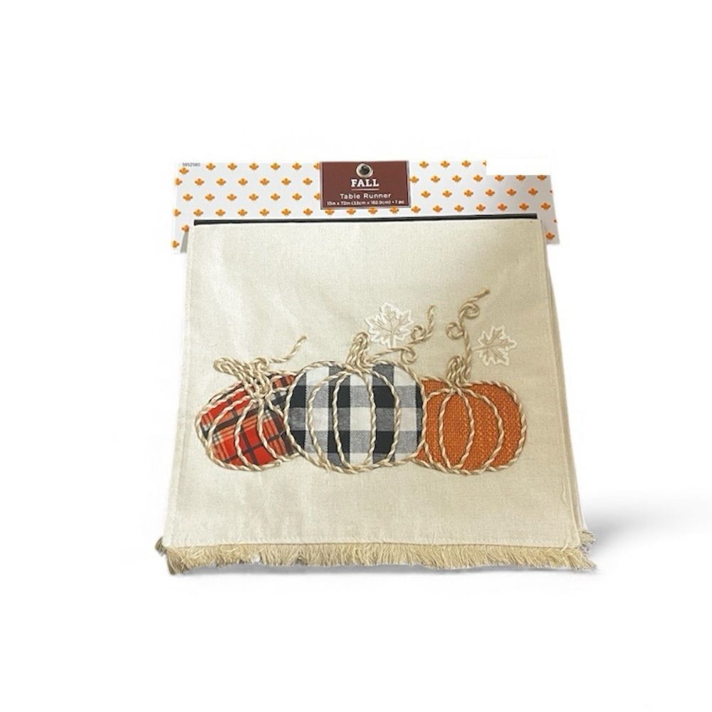 NWT Hobby Lobby Fall Pumpkin Table Runner Rustic Fringe Linen Embroidered